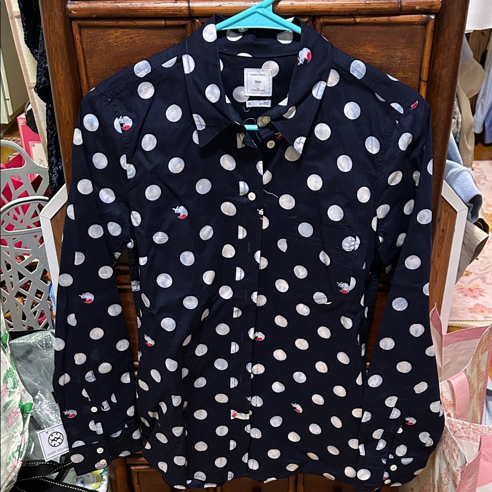 Vintage, GAP Navy Polka Dot Fox Women's Top